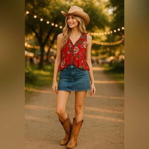 🌺 “Billa” Red Floral Sleeveless Peplum Top – Size XL